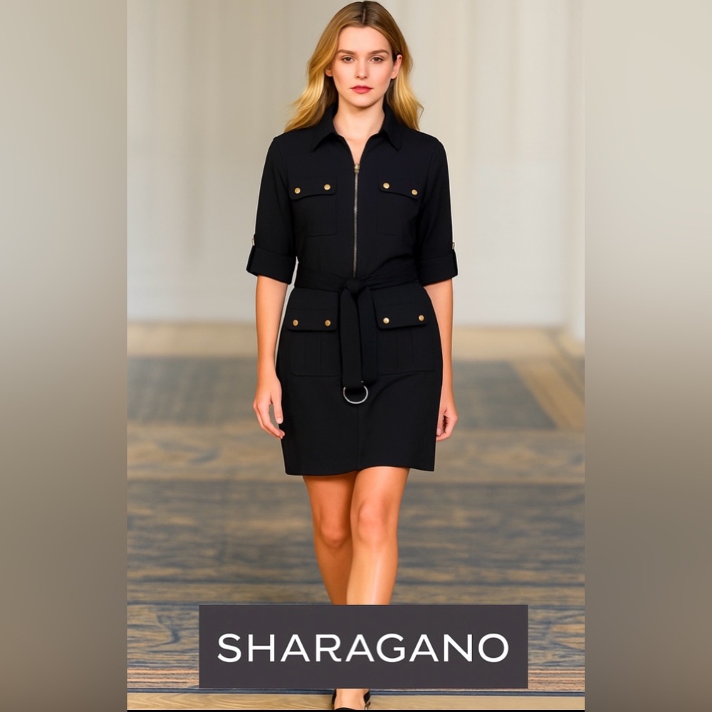 Sharagano Elegant Black Mini Dress with Gold Details